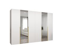 Drehtürenschrank / Kleiderschrank 3 Meter breit Eiger 104, Farbe: Weiß, zwei Spiegeltüren, vier Kleiderstangen, Griffe: Gold, Soft-Close-Funktion, vier Fächer
