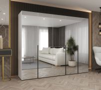 Drehtürenschrank mit fünf Spiegeltüren Eiger 146, Farbe: Weiß, drei Fächer, 2,5 Meter breit, Soft-Close-Funktion, Kleiderschrank, Griffe: Schwarz