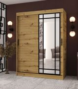 Schiebetürenschrank | Farbe: Eiche Artisan | dekorative Spiegeltür | 150 x 62 x 200 cm | 5 Fächer | 2 Kleiderstangen | Schiebetürenschrank | Elegante Ausführung