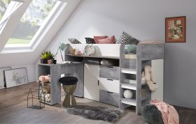 Hochbett / Kinderbett / Funktionsbett-Kombination mit Schreibtisch, Leiter und viel Stauraum Jura 01, Weiß / Beton - Liegefläche: 90 x 200 cm