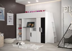 Hochbett / Kinderbett / Funktionsbett-Kombination mit Schreibtisch, Treppe und viel Stauraum Jura 27, Farbe: Weiß / Schwarz - Liegefläche: 90 x 200 cm
