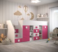 Hochbett / Kinderbett / Funktionsbett mit ausziehbarem Schreibtisch und Treppe Links, Weiß/Pink, Liegefläche: 90x200 cm, Kleiderschrank mit Kleiderstange