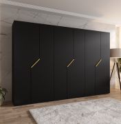 Drehtürenschrank | Farbe: Schwarz | 6 Türen | 3 Kleiderstangen | ABS-Kanten | Griffe: Gold | Maße: 300 x 52 x 202 cm | Soft-Close-Funktion | 3 Fächer