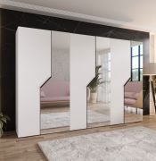 Drehtürenschrank | 3 Spiegeltüren | Farbe: Weiß | 3 Fächer | 3 Kleiderstangen | Soft-Close-Funktion | Griffe: Schwarz | Maße: 300 x 52 x 202 cm | Kleiderschrank | ABS-Kanten
