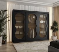 Kleiderschrank mit 10 Fächer Ortler 15, Farbe: Schwarz, 2,5 Meter breit, Schiebetürenschrank, Türen mit Rauchglas, zwei Kleiderstangen, aus hochwertigen Materiealien