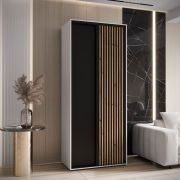 Schiebetürenschrank Mina in Schwarz/Weiß, Front aus laminierter Platte, Anti Staubbürsten, schwarze Metallgriffe, platzsparend, 235,2 x 120 x 60 cm