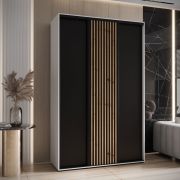 Schiebetürenschrank Mina in Schwarz/Weiß, 235,2 x 150 x 60 cm, Front aus laminierter Platte, Anti Staubbürsten, schwarze Metallgriffe, platzsparend