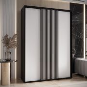 Kleiderschrank Mina mit Schiebetüren in Weiß/Schwarz gehalten, moderne Optik, viel Stauraum, Lamellen in Schwarz, Anti Staubbürsten, 235,2 170 x 60 cm