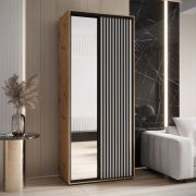 Schiebetürenschrank Mina mit Spiegel in Weiß/Eiche, Front aus laminierter Platte, Anti Staubbürsten, Metallgriffe in schwarz, 235,2 x 100 x 60 cm