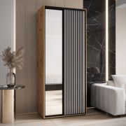 Kleiderschrank mit Spiegel Mina in Weiß/Eiche, auch für Wohnzimmer geeignet, Anti Staubbürsten, Metallgriff in schwarz, 235,2 x 120 x 60 cm, Einlegeböden