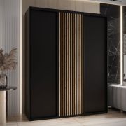 Schwarzer Schiebetürenschrank Tharo, modernes Design, schwarze Metallgriffe, Anti-Staubbürsten, platzsparend, viel Stauraum, robust, 235,2 x 200 x 45 cm