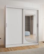 Kleiderschrank mit 10 Fächer Signalkuppe 14, Farbe: Weiß, 1,8 Meter breit, eine Spiegeltür, zwei Kleiderstangen, Schiebetürenschrank