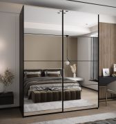 Kleiderschrank / Schiebetürenschrank | 2 Schiebetüren | Farbe: Schwarz | 2 Kleiderstangen | Soft-Close | 245,5 x 190 x 64 cm | Spiegel | 11 Fächer