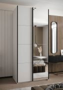 Kleiderschrank / Schiebetürenschrank | 2 Schiebetüren | 245,5 x 120 x 64 cm | 6 Fächer | Soft-Close | Spiegel | 2 Kleiderstangen | Farbe: Weiß