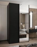 Kleiderschrank / Schiebetürenschrank | 6 Fächer | Farbe: Schwarz | 2 Kleiderstangen | 245,5 x 130 x 64 cm | Soft-Close | Spiegel | 2 Schiebetüren