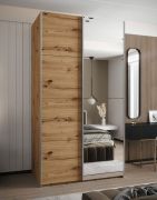 Kleiderschrank / Schiebetürenschrank | 2 Kleiderstangen | Spiegel | 245,5 x 140 x 64 cm | Soft-Close | 2 Schiebetüren | 6 Fächer | Farbe: Eiche Artisan