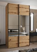 Kleiderschrank / Schiebetürenschrank | 2 Kleiderstangen | 2 Schiebetüren | Soft-Close | Spiegel | 245,5 x 130 x 64 cm | Farbe: Eiche Artisan | 6 Fächer