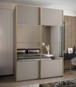 Kleiderschrank / Schiebetürenschrank | Farbe: Kaschmir | 245,5 x 170 x 64 cm | 2 Schiebetüren | 2 Kleiderstangen | 11 Fächer | Spiegel | Soft-Close