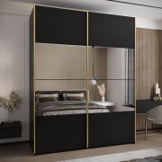 Kleiderschrank / Schiebetürenschrank | Farbe: Schwarz | 11 Fächer | 2 Schiebetüren | 245,5 x 190 x 64 cm | Spiegel | Soft-Close | 2 Kleiderstangen
