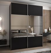Kleiderschrank / Schiebetürenschrank | 245,5 x 200 x 64 cm | 11 Fächer | Spiegel | Soft-Close | 2 Schiebetüren | 2 Kleiderstangen | Farbe: Schwarz