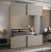 Kleiderschrank / Schiebetürenschrank | 245,5 x 200 x 64 cm | 2 Schiebetüren | 2 Kleiderstangen | 11 Fächer | Spiegel | Soft-Close | Farbe: Kaschmir