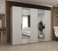 Kleiderschrank / Drehtürenschrank Korab 97, Farbe: Kaschmir, 2,5 Meter breit, drei Kleiderstangen, Soft-Close, zwei Spiegeltüren, Griffe: Schwarz, drei Fächer