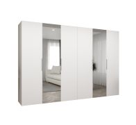 Drehtürenschrank mit vier Kleiderstangen Korab 103, Farbe: Weiß, 3 Meter breit, Griffe: Kaschmir, vier Fächer, Soft-Close-Funktion, Kleiderschrank