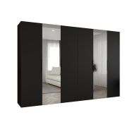 Drehtürenschrank / Kleiderschrank Korab 105, Farbe: Schwarz, zwei Spiegeltüren, vier Kleiderstangen, Griffe: Schwarz, 3 Meter breit, Soft-Close-Funktion
