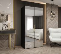 Drehtürenschrank mit einer Kleiderstange Korab 118, Farbe: Schwarz, Griffe: Gold, 1 Meter breit, Soft-Close-Funktion, ein Fach, zwei Spiegeltüren