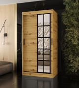 Kleiderschrank | Farbe: Eiche Artisan | 5 Fächer | 2 Kleiderstangen | hochwertig Verarbeitet | schmal | 100 x 62 x 200 cm | Schiebetürenschrank | dekorative Spiegeltür