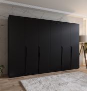 Drehtürenschrank / Kleiderschrank | Farbe: Schwarz | 4 Fächer | 3 Meter breit | Griffe: Schwarz | 4 Kleiderstangen | Soft-Close-Funktion | Maße: 300 x 52 x 202 cm