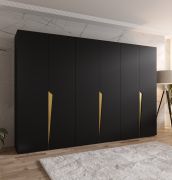 Drehtürenschrank | Farbe: Schwarz | ABS-Kanten | 3 Meter breit | 3 Kleiderstangen | Soft-Close-Funktion | Griffe: Gold | 3 Fächer | Maße: 300 x 52 x 202 cm