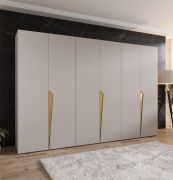 Drehtürenschrank | Farbe: Kaschmir | ABS-Kanten | 3 Meter breit | 3 Kleiderstangen | Soft-Close-Funktion | Griffe: Gold | 3 Fächer | Maße: 300 x 52 x 202 cm
