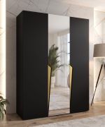 Drehtürenschrank / Kleiderschrank | Farbe: Schwarz | 1 Spiegeltür | Griffe: Gold | 2 Fächer | Soft-Close | 2 Kleiderstangen | Maße: 150 x 52 x 202 cm | ABS