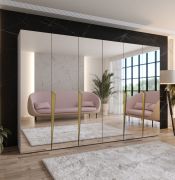Kleiderschrank | Farbe: Kaschmir | Schlafzimmerschrank mit Spiegel | Soft-Close-Funktion | Griffe: Gold | Maße: 300 x 52 x 202 cm | ABS-Kanten | 4 Fächer | 4 Kleiderstangen
