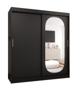 Schiebetürenschrank / Kleiderschrank Moldoveanu 15, Farbe: Schwarz, 1,8 Meter breit, 10 Fächer, Tür mit ovalen Spiegel, zwei Kleiderstangen