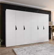 Drehtürenschrank / Kleiderschrank | Farbe: Weiß | 3 Meter breit | 6-Türig | Griffe: Schwarz | 4 Fächer | Maße: 300 x 52 x 202 cm | 4 Kleiderstangen