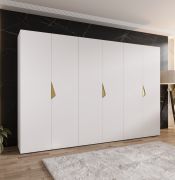 Drehtürenschrank | 6 Türen | Farbe: Weiß | 3 Kleiderstangen | Griffe: Gold | 3 Fächer | Maße: 300 x 52 x 202 cm | Soft-Close-Funktion