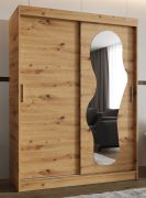 Kleiderschrank Lagginhorn 09, Farbe: Eiche Artisan, 1,5 Meter breit, ein Spiegel, fünf Fächer, Schiebetürenschrank, zwei Kleiderstangen, Aluminiumschienen