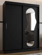 Kleiderschrank / Schiebetürenschrank Lagginhorn 11, Farbe: Schwarz, eine Spiegeltür, 1,5 Meter breit, fünf Fächer, Aluminiumschienen, zwei Kleiderstangen