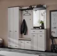 Garderobe mit Kleiderschrank | inkl. Sitzkissen | Farbe: Kaschmir / Schwarz | mit Sitzgelegenheit | 2 Kleiderstangen | Spiegel | Maße: 120 x 32 x 203 cm