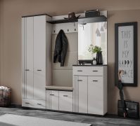 Garderobe | inkl. Sitzkissen | Kleiderschrank | Farbe: Kaschmir / Schwarz | Spiegel | Sitzgelegenheit | 4 Haken | Maße: 180 x 32 x 203 cm | 2 Schubladen | gepolstertes Paneel