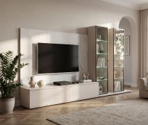 Wohnwand | Kaschmir / Weißer Marmor | inkl. LED-Beleuchtung | Push-to-open Funktion | 300 x 45 x 175 cm | 2 Vitrinen | 1 TV-Unterschrank | 1 Wandpaneel