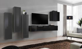 Elegante Wohnwand Balestrand 41, Farbe: Grau / Schwarz - Abmessungen: 160 x 330 x 40 cm (H x B x T), mit Push-to-open Funktion