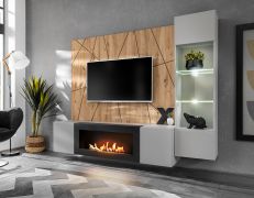 Wohnwand | inkl. LED-Beleuchtung | Farbe: Perla Grau / Eiche Artisan | Bio-Ethanol Kamin | Maße: 200 x 40 x 158 cm | 1 TV-Unterschrank | 1 Vitrine