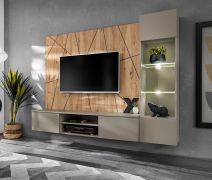 Wohnwand | Farbe: Clay Grau / Eiche Artisan | Push-to-open Funktion | 200 x 35 x 148 cm | inkl. LED-Beleuchtung | 1 Vitrine | 1 TV-Unterschrank | 1 Rückwandpaneel