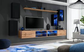 Stylische Wohnwand mit Push-to-open Funktion Volleberg 78, Farbe: Schwarz / Eiche Wotan - Abmessungen: 150 x 280 x 40 cm (H x B x T), mit sechs Türen
