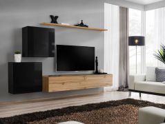 Wohnwand im stylischen Design Balestrand 78, Farbe: Schwarz / Eiche Wotan - Abmessungen: 150 x 250 x 40 cm (H x B x T), mit Push-to-open Funktion