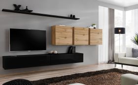 Wohnwand im außergewöhnlichen Design Balestrand 110, Farbe: Schwarz / Eiche Wotan - Abmessungen: 150 x 340 x 40 cm (H x B x T), mit Push-to-open Funktion