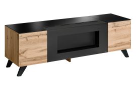 TV-Unterschrank | Push-to-open Funktion | Farbe: Eiche Wotan / Schwarz | Bio-Ethanol Kamin | Maße: 150 x 45 x 47 cm | 2 Fächer | für Wohnzimmer